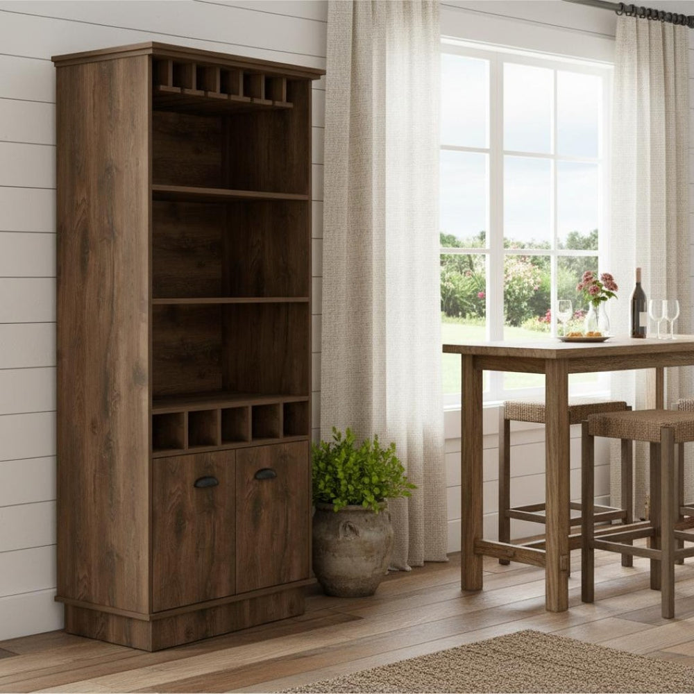 HomeRoots 29" Brown Wood Bar Cabinet - Stylish Two-Door Storage for Wine & Glasses, Perfect for Any Space! 552296