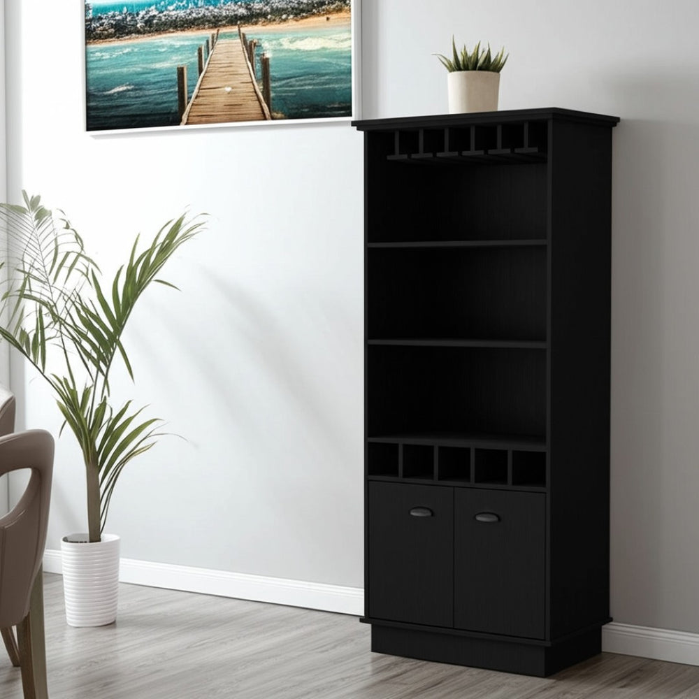 HomeRoots 70" Modern Black Wood Bar Cabinet with Stylish Storage for Wine, Spirits, and Accessories Display 552297