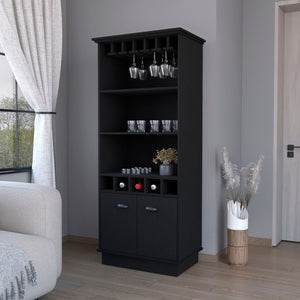 Homeroots 70" Black Wood Bar Cabinet - Modern Storage Solution For Wine, Stylish Design, Fits Anywhere!   552297