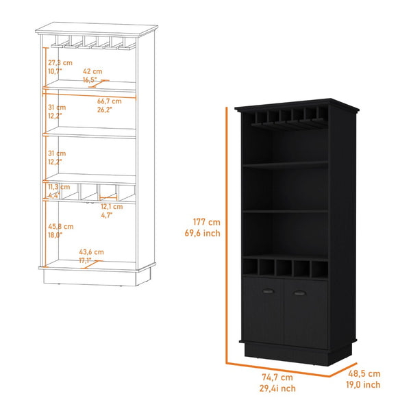 Homeroots 70" Black Wood Bar Cabinet - Modern Storage Solution For Wine, Stylish Design, Fits Anywhere!   552297
