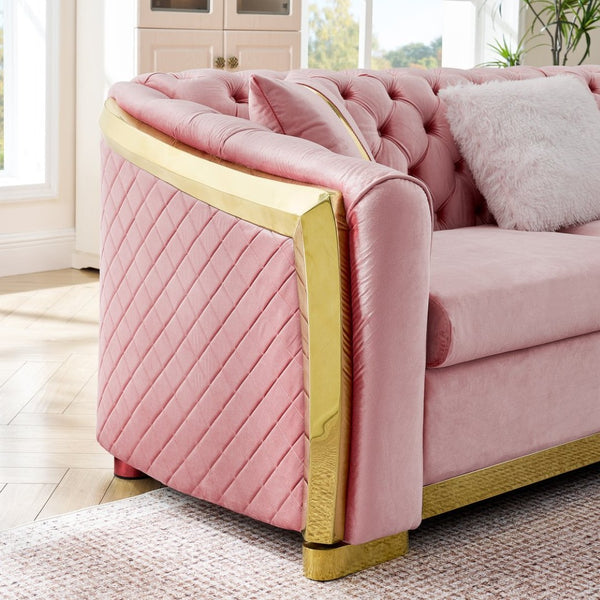English Elm 106 Inch Velvet Tufted Chesterfield Sectional with Gold Steel Legs for Large Living Rooms Pink W1191S00129