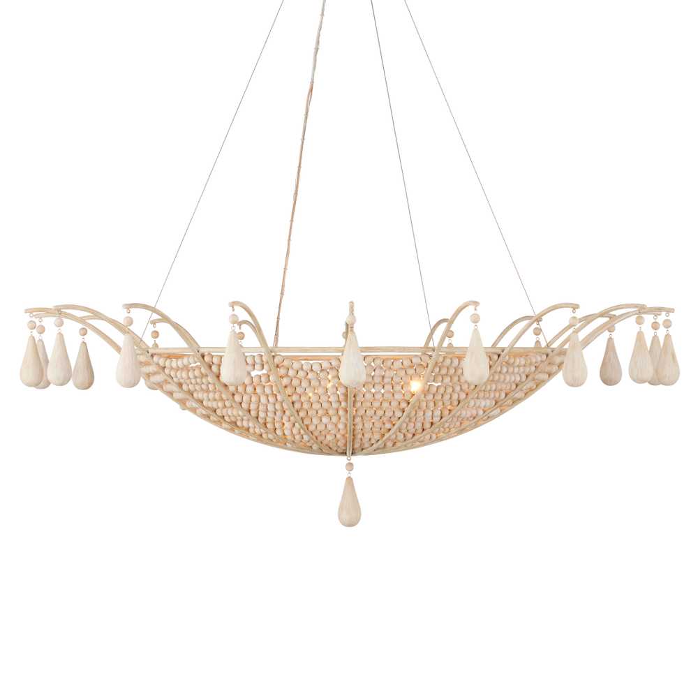 Korg Chandelier - Elegant Beige Coastal Lighting with Wooden Beads & Wrought Iron Frame, 42.25" Dia