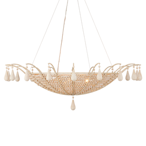 Korg Chandelier - Elegant Beige Coastal Lighting with Wooden Beads & Wrought Iron Frame, 42.25" Dia