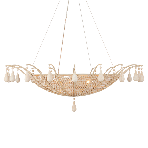 Korg Chandelier - Elegant Beige Coastal Lighting with Wooden Beads & Wrought Iron Frame, 42.25" Dia
