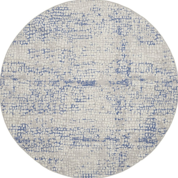 Homeroots 8' Ivory Blue And Gray Abstract Round Rug - Durable, Stain Resistant, Modern Design For Any Space  Polyester 552300