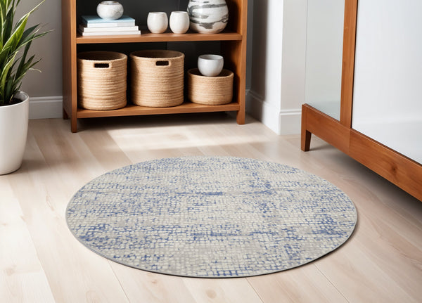 Homeroots 8' Ivory Blue And Gray Abstract Round Rug - Durable, Stain Resistant, Modern Design For Any Space  Polyester 552300