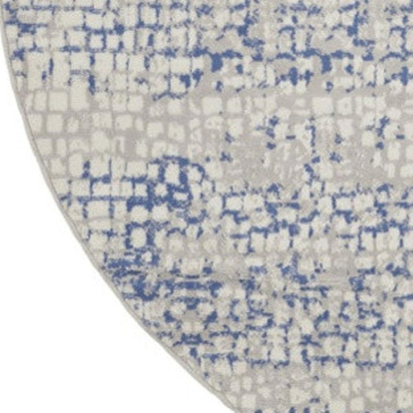 HomeRoots 8' Abstract Geometric Pattern Rug in Ivory, Blue, and Gray - Durable, Stain-Resistant for Modern Spaces 8' Round 552300