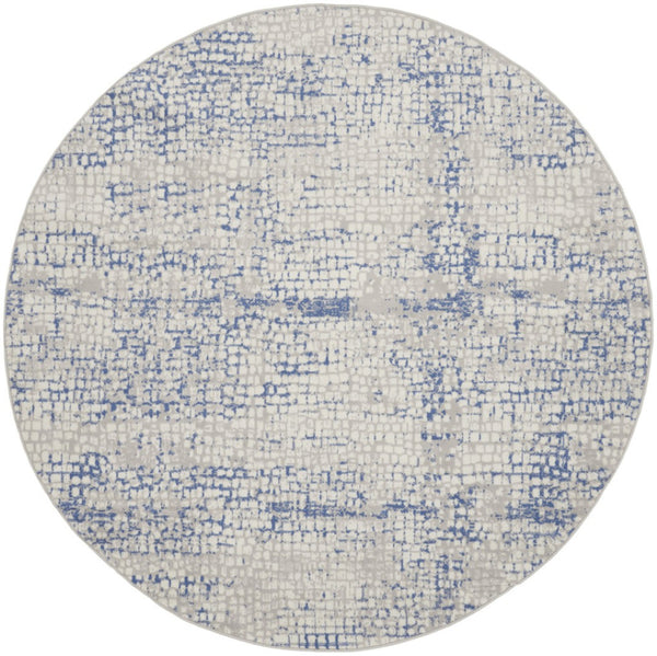 HomeRoots 8' Abstract Geometric Pattern Rug in Ivory, Blue, and Gray - Durable, Stain-Resistant for Modern Spaces 8' Round 552300