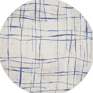 HomeRoots 8' Abstract Distressed Ivory and Blue Rug - Modern Geometric Design for Stylish, Family-Friendly Spaces 8' Round 552301