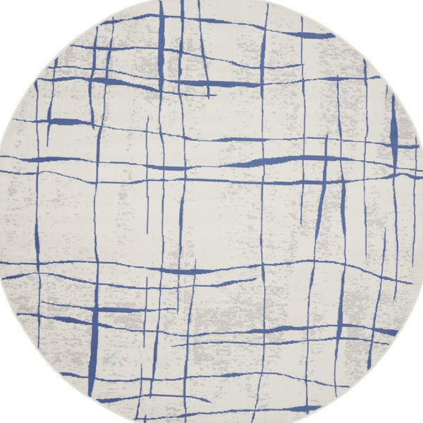 HomeRoots 8' Abstract Distressed Ivory and Blue Rug - Modern Geometric Design for Stylish, Family-Friendly Spaces 8' Round 552301
