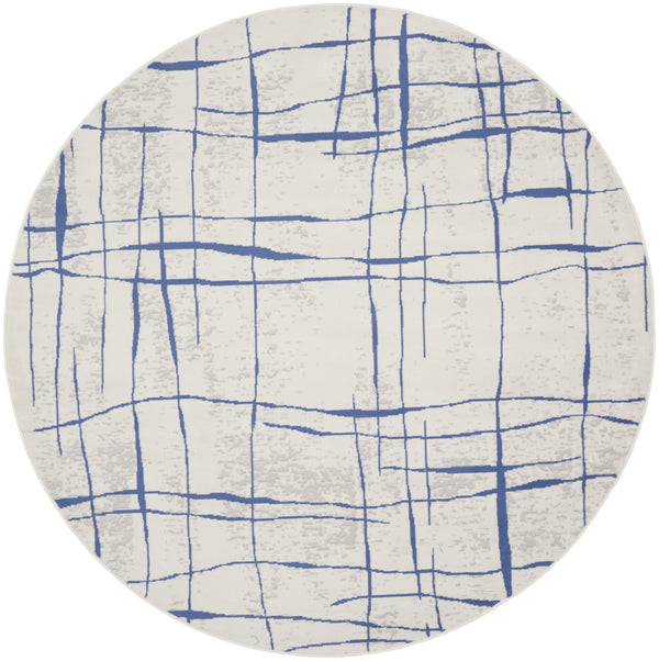 HomeRoots 8' Abstract Distressed Ivory and Blue Rug - Modern Geometric Design for Stylish, Family-Friendly Spaces 8' Round 552301