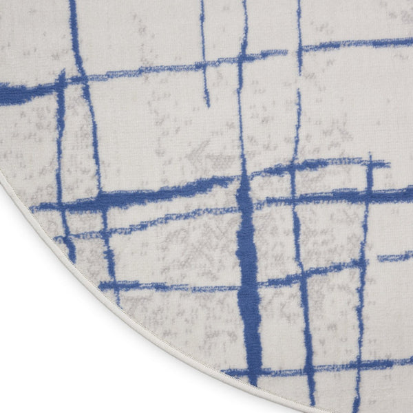 HomeRoots 8' Abstract Distressed Ivory and Blue Rug - Modern Geometric Design for Stylish, Family-Friendly Spaces 8' Round 552301