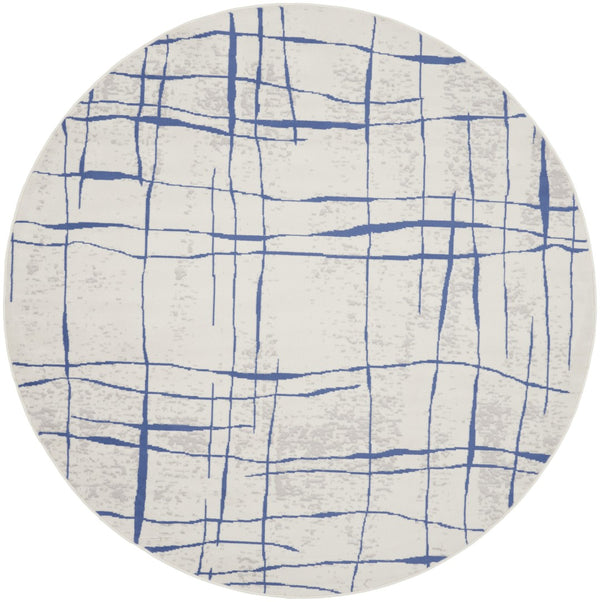 HomeRoots 8' Abstract Distressed Ivory and Blue Rug - Modern Geometric Design for Stylish, Family-Friendly Spaces 8' Round 552301