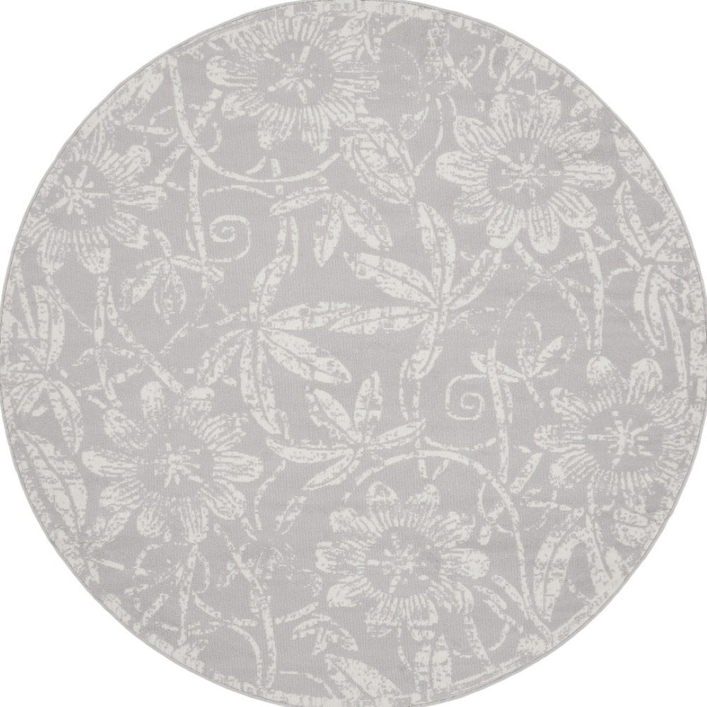 HomeRoots 8' Distressed Floral Ivory and Gray Rug - Timeless Charm, Durable Design for Cozy Homes and Spaces 8' Round 552302