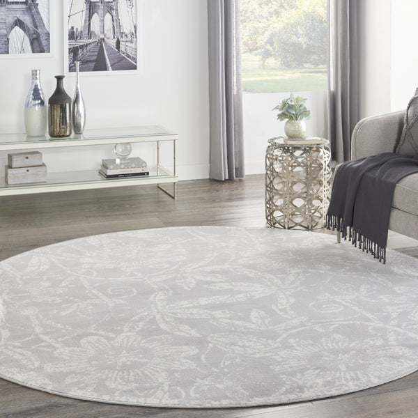 HomeRoots 8' Distressed Floral Ivory and Gray Rug - Timeless Charm, Durable Design for Cozy Homes and Spaces 8' Round 552302