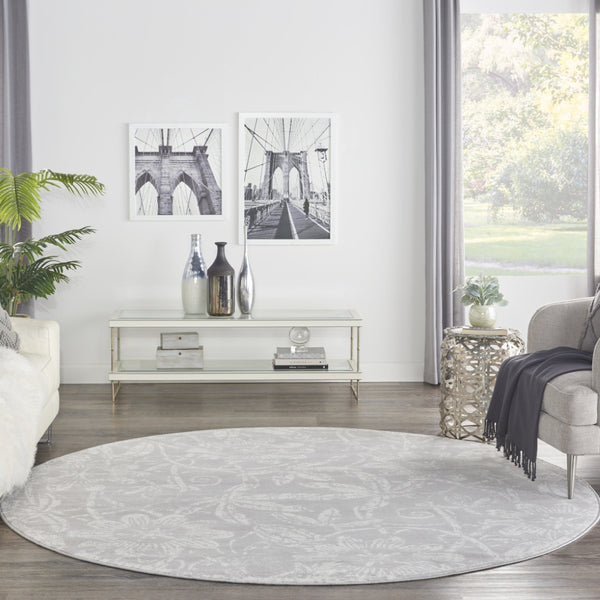 HomeRoots 8' Distressed Floral Ivory and Gray Rug - Timeless Charm, Durable Design for Cozy Homes and Spaces 8' Round 552302