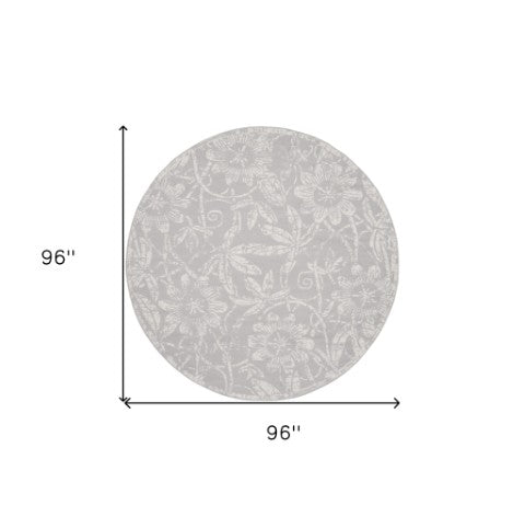 Homeroots 8' Ivory And Gray Floral Distressed Round Rug – Durable, Stain Resistant, Cozy Cottage Style Accent Piece  Polyester 552302