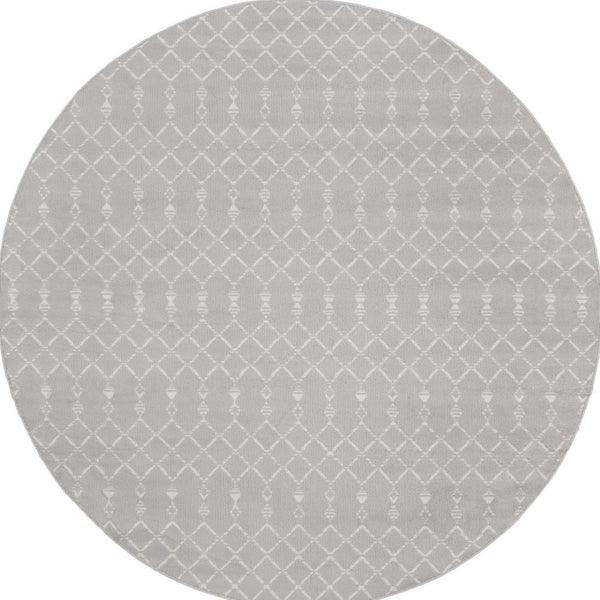 Homeroots 8' Gray And Ivory Geometric Round Rug – Stylish, Durable, Stain-resistant For Kids And Pets, 96-inch  Polyester 552304