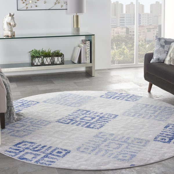 HomeRoots 8' Geometric Area Rug in Beige, Blue, and Gray - Stylish, Durable, and Perfect for Family Living Spaces 8' Round 552305