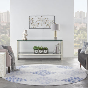 HomeRoots 8' Geometric Area Rug in Beige, Blue, and Gray - Stylish, Durable, and Perfect for Family Living Spaces 8' Round 552305