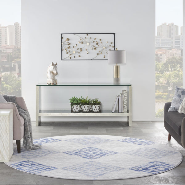 HomeRoots 8' Geometric Area Rug in Beige, Blue, and Gray - Stylish, Durable, and Perfect for Family Living Spaces 8' Round 552305