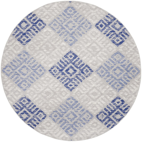 HomeRoots 8' Geometric Area Rug in Beige, Blue, and Gray - Stylish, Durable, and Perfect for Family Living Spaces 8' Round 552305