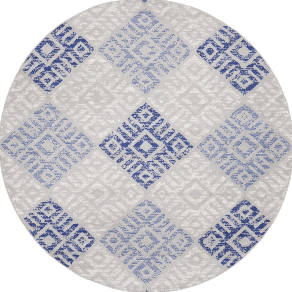 HomeRoots 8' Geometric Area Rug in Beige, Blue, and Gray - Stylish, Durable, and Perfect for Family Living Spaces 8' Round 552305