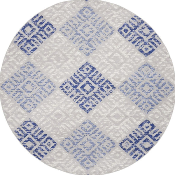 Homeroots 8' Stylish Beige, Blue & Gray Geometric Round Rug – Durable, Stain Resistant, Perfect For Family Spaces!  Polypropylene 552305