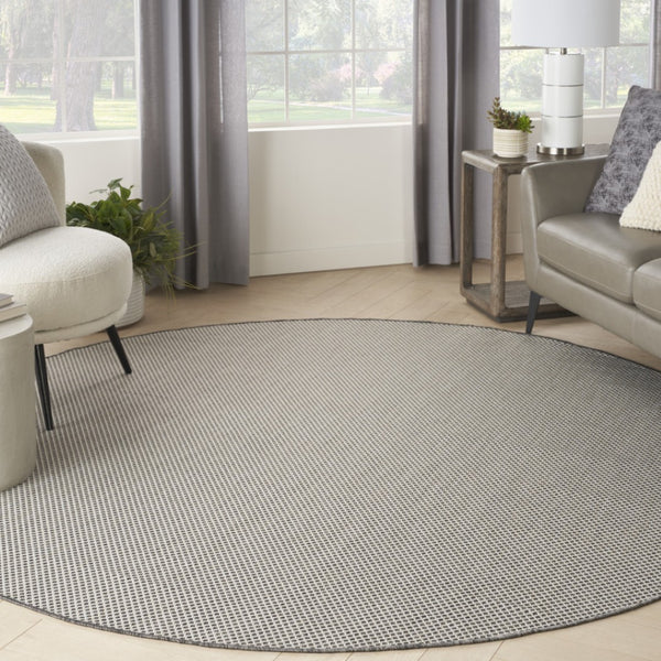 HomeRoots 8' Round Geometric Area Rug in Ivory & Charcoal - Stylish, Durable, Indoor/Outdoor Accent Piece 552306