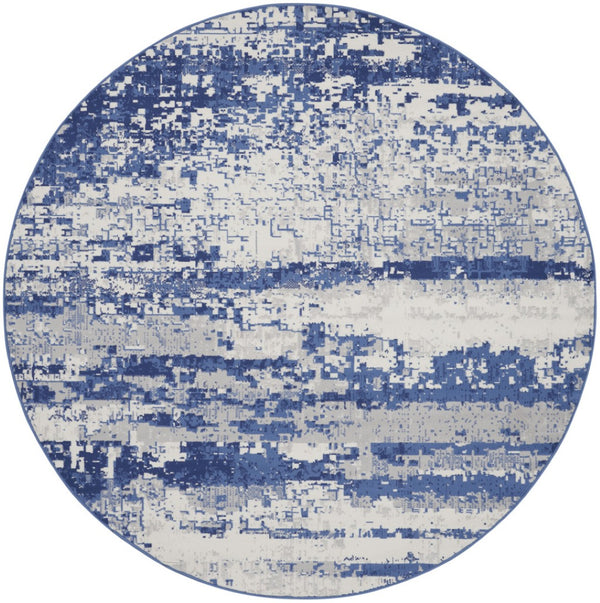 HomeRoots 8' Ivory and Navy Blue Abstract Area Rug - Modern Durable Design for Family-Friendly Spaces 8' Round 552308