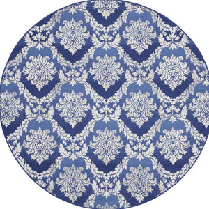 Homeroots 8' Ivory And Blue Damask Distressed Round Rug - Durable, Stain Resistant, Perfect For Family Spaces  Polyester 552311