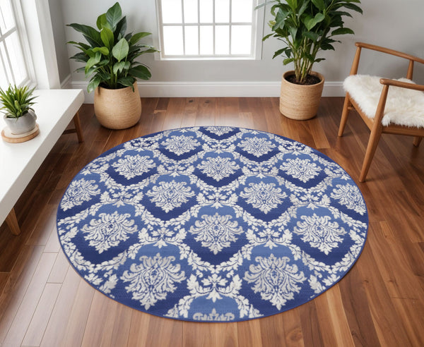 Homeroots 8' Ivory And Blue Damask Distressed Round Rug - Durable, Stain Resistant, Perfect For Family Spaces  Polyester 552311