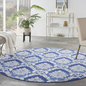 Homeroots 8' Ivory And Blue Damask Distressed Round Rug - Durable, Stain Resistant, Perfect For Family Spaces  Polyester 552311