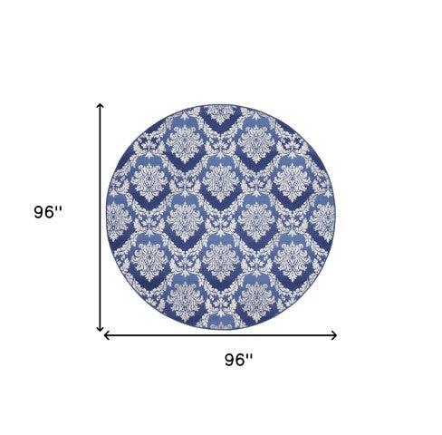 Homeroots 8' Ivory And Blue Damask Distressed Round Rug - Durable, Stain Resistant, Perfect For Family Spaces  Polyester 552311