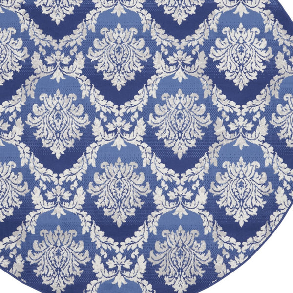Homeroots 8' Ivory And Blue Damask Distressed Round Rug - Durable, Stain Resistant, Perfect For Family Spaces  Polyester 552311