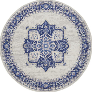 Homeroots 8' Ivory And Blue Floral Round Rug - Stain Resistant, Durable, Perfect For Kids & Pets, Stylish Accent  Polyester 552313