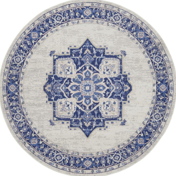 Homeroots 8' Ivory And Blue Floral Round Rug - Stain Resistant, Durable, Perfect For Kids & Pets, Stylish Accent  Polyester 552313