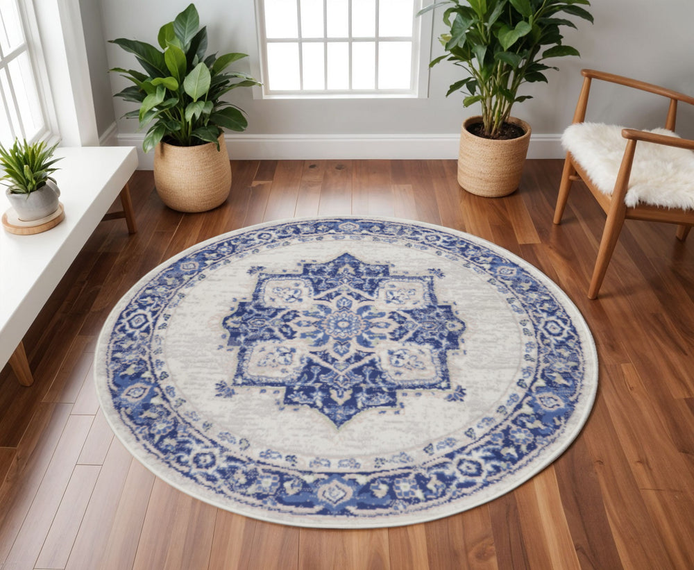 Homeroots 8' Ivory And Blue Floral Round Rug - Stain Resistant, Durable, Perfect For Kids & Pets, Stylish Accent  Polyester 552313