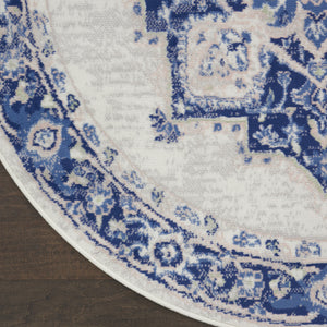 Homeroots 8' Ivory And Blue Floral Round Rug - Stain Resistant, Durable, Perfect For Kids & Pets, Stylish Accent  Polyester 552313