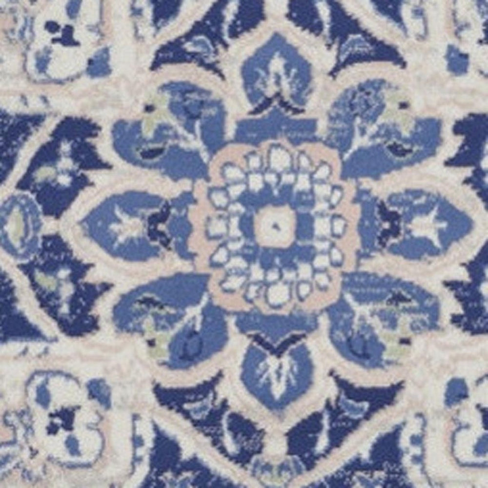 HomeRoots 8' Ivory and Blue Floral Rug – Timeless Cottage Charm with Durable, Stain-Resistant Design for Any Space 8' Round 552313