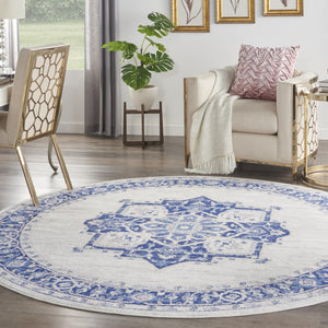 Homeroots 8' Ivory And Blue Floral Round Rug - Stain Resistant, Durable, Perfect For Kids & Pets, Stylish Accent  Polyester 552313