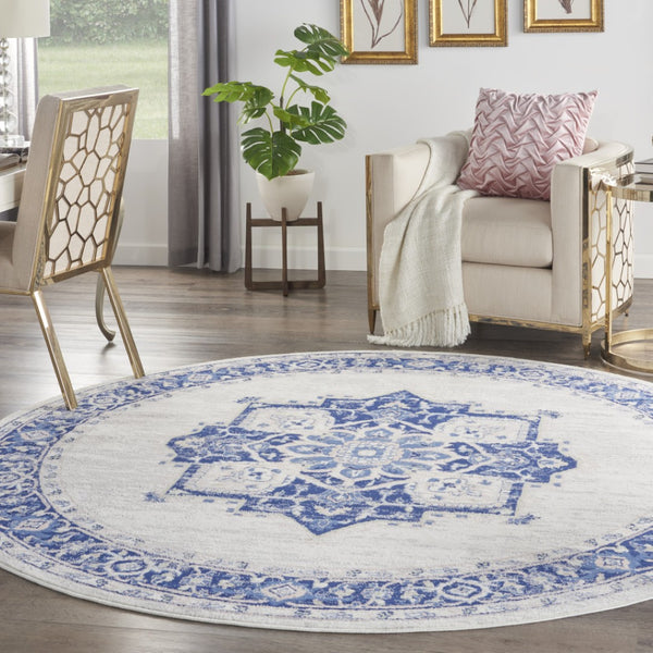 Homeroots 8' Ivory And Blue Floral Round Rug - Stain Resistant, Durable, Perfect For Kids & Pets, Stylish Accent  Polyester 552313