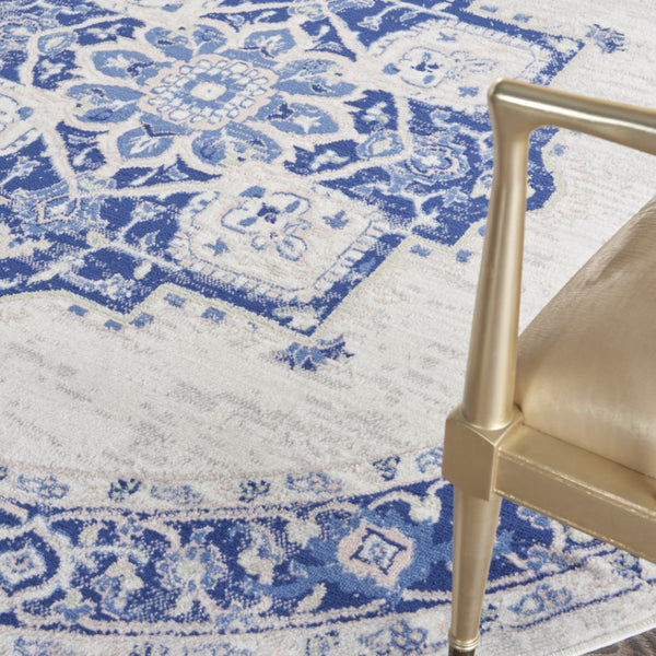 Homeroots 8' Ivory And Blue Floral Round Rug - Stain Resistant, Durable, Perfect For Kids & Pets, Stylish Accent  Polyester 552313