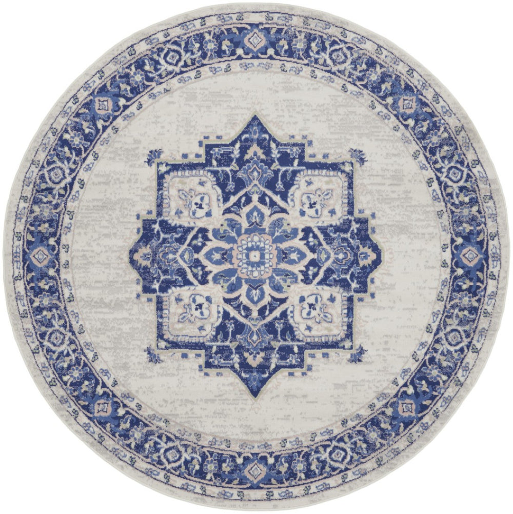 HomeRoots 8' Ivory and Blue Floral Rug – Timeless Cottage Charm with Durable, Stain-Resistant Design for Any Space 8' Round 552313