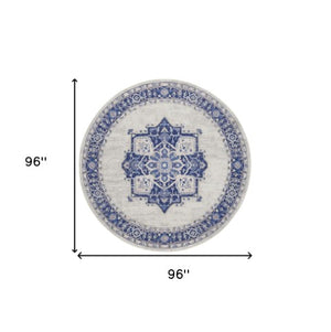 Homeroots 8' Ivory And Blue Floral Round Rug - Stain Resistant, Durable, Perfect For Kids & Pets, Stylish Accent  Polyester 552313