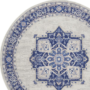 Homeroots 8' Ivory And Blue Floral Round Rug - Stain Resistant, Durable, Perfect For Kids & Pets, Stylish Accent  Polyester 552313