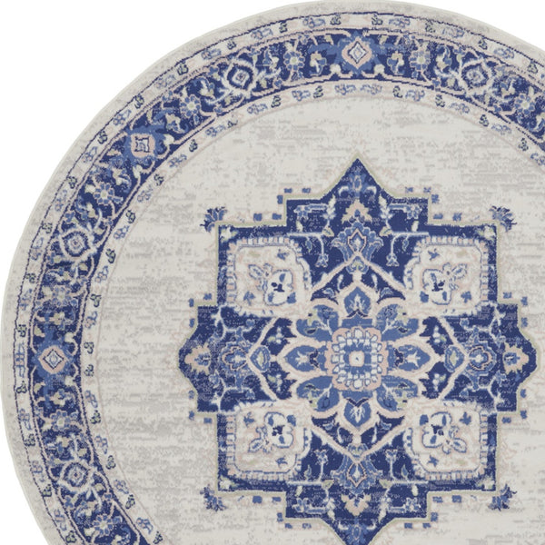 Homeroots 8' Ivory And Blue Floral Round Rug - Stain Resistant, Durable, Perfect For Kids & Pets, Stylish Accent  Polyester 552313