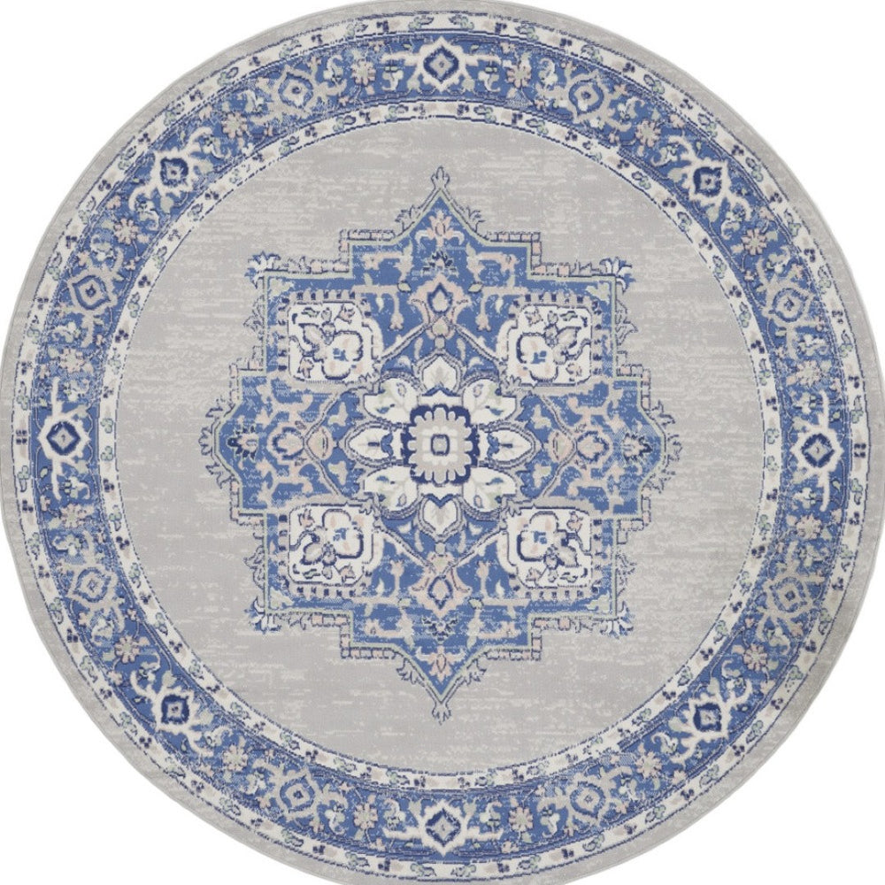HomeRoots 8' Ivory Blue and Gray Floral Rug - Durable, Stain-Resistant Design for Timeless Cottage Charm 8' Round 552314