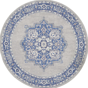 Homeroots 8' Stunning Floral Round Rug In Ivory, Blue & Gray - Durable, Stain-resistant, Ideal For Homes  Polyester 552314
