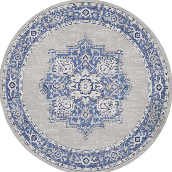 Homeroots 8' Stunning Floral Round Rug In Ivory, Blue & Gray - Durable, Stain-resistant, Ideal For Homes  Polyester 552314
